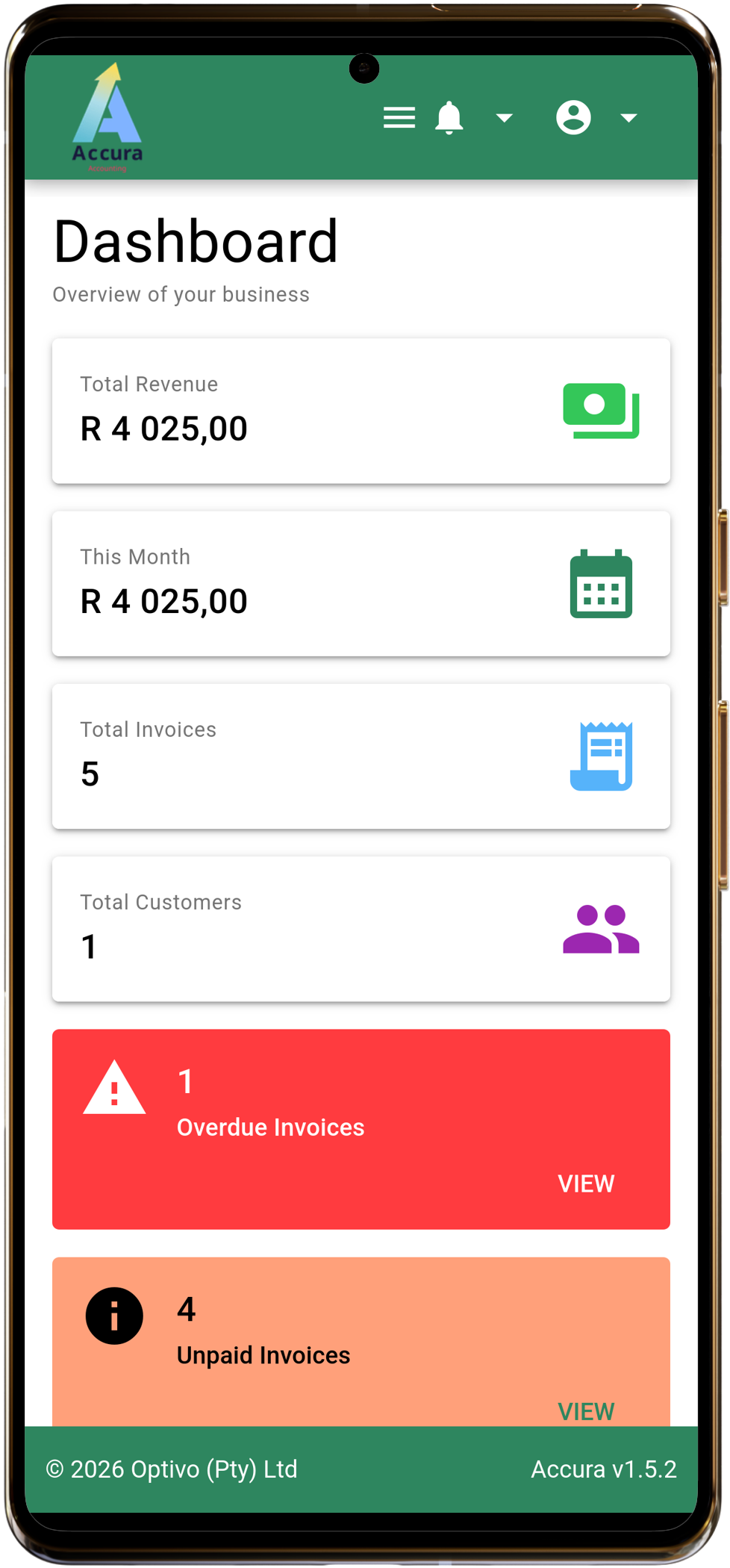 Accura dashboard on mobile